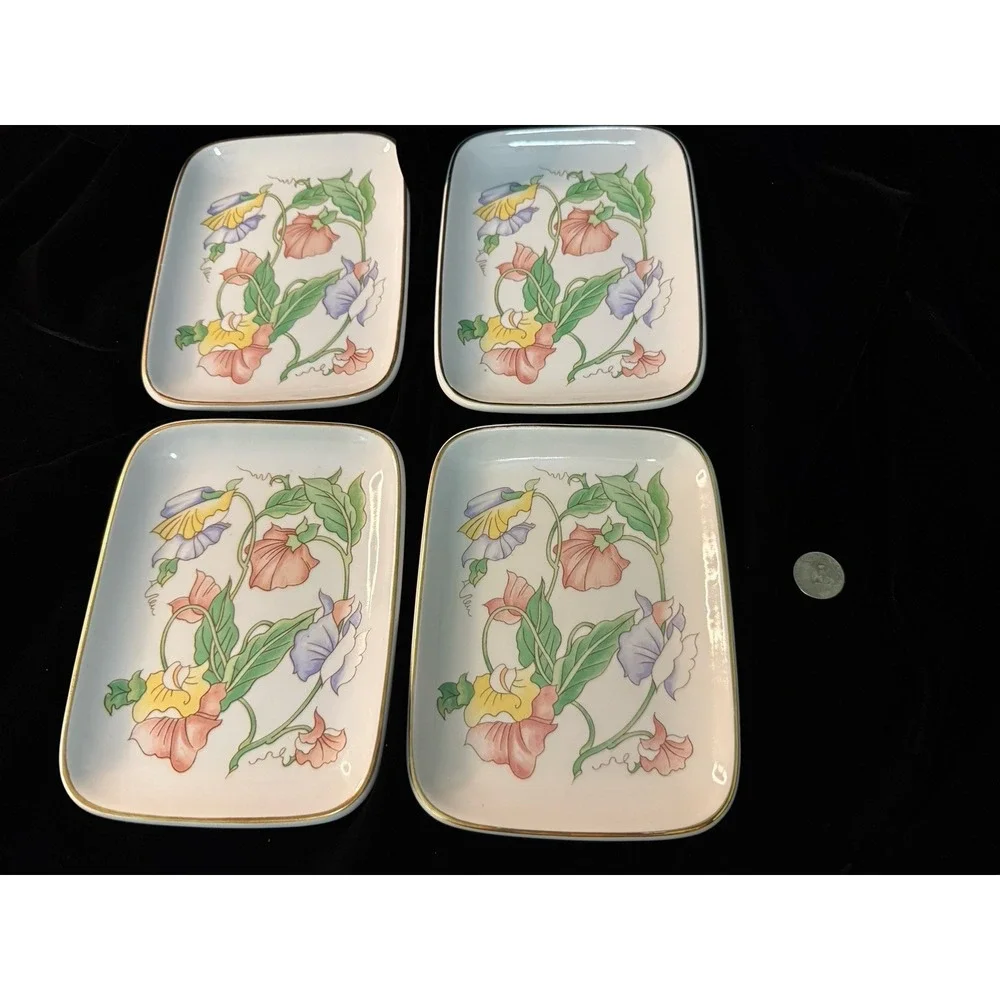 VTG Ben Rickert Porcelain Flowers Floral Tray Trinket Dish Signed Japan Set Of 4